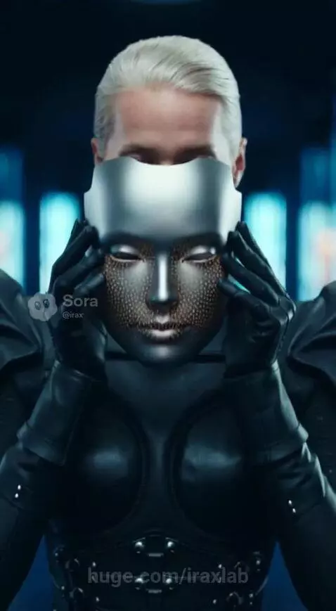 Woman with blonde hair and golden eyes wearing a futuristic mask in a lab, with a neon city skyline in the background.