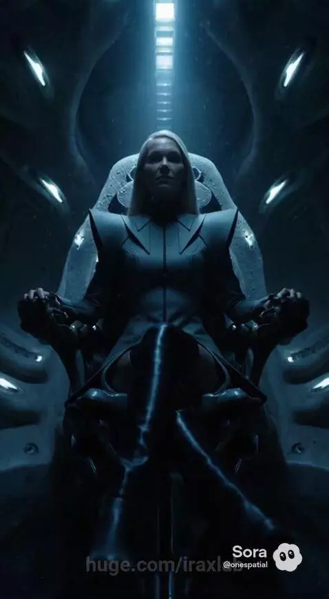 Woman in a structured coat in a snowy landscape with futuristic elements and a glowing fetus cylinder.