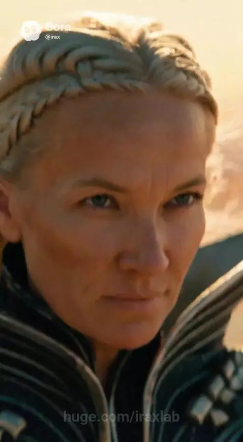 Female warrior in intricate armor wielding a staff, generating a blue energy shield and a white energy ripple in a desert.