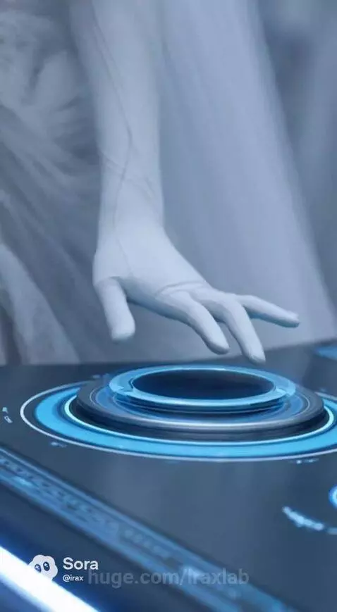 Futuristic snowy landscape with women in white dresses and a sleek alien in a metallic suit.