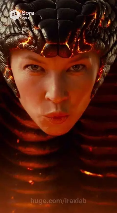 A giant cobra-like creature with a human face rises from molten lava, facing three human figures. Internal heat glows within the creature.