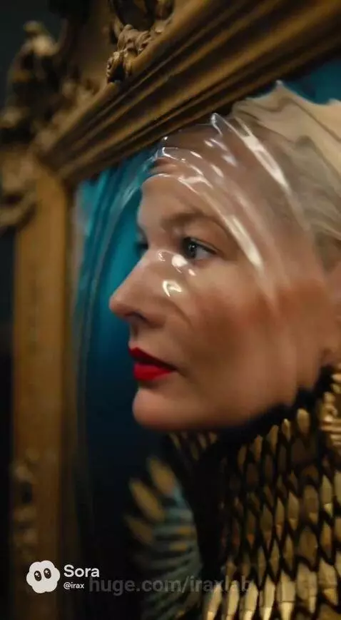 Woman in black dress with gold armor and red lipstick looking at a gold mirror, then holding a latte.