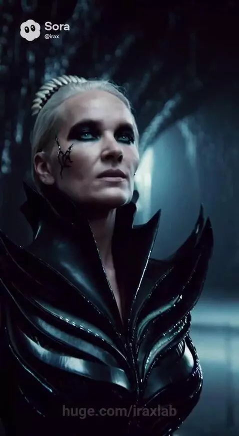 Gothic woman with dark makeup and patterns, wearing an elaborate dress, in a dark tunnel and stormy landscape.