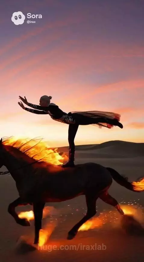 Woman in black and silver outfit performing acrobatics on a running horse with stylized flames in a desert sunset.