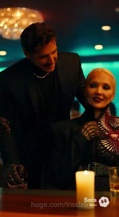 Woman in black jacket with red and silver embroidery confidently responds to a man's question about power.