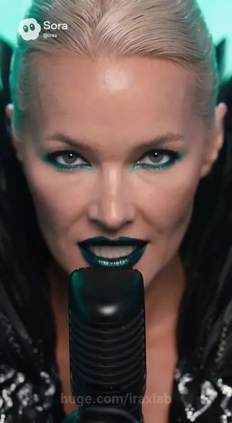 Woman in black gown with feathered collar sings into microphone on a reflective stage with dancing alien figures and glowing green background.