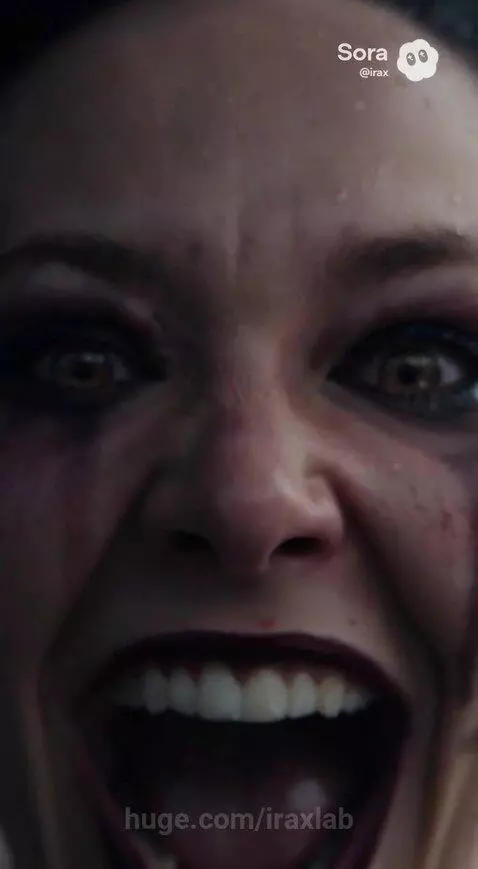 Giant monstrous female figure with glowing red eyes towering over a destroyed city.