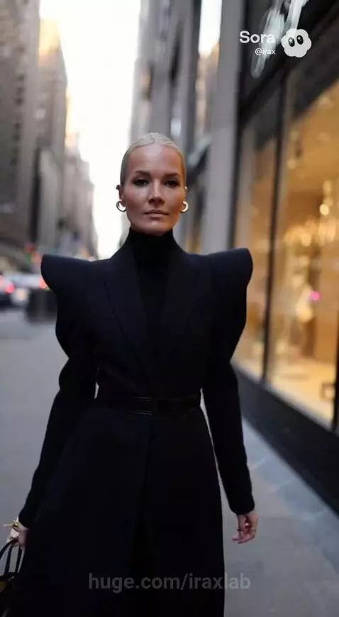 Woman in black coat and boots with gold accents walks down a city sidewalk carrying shopping bags.
