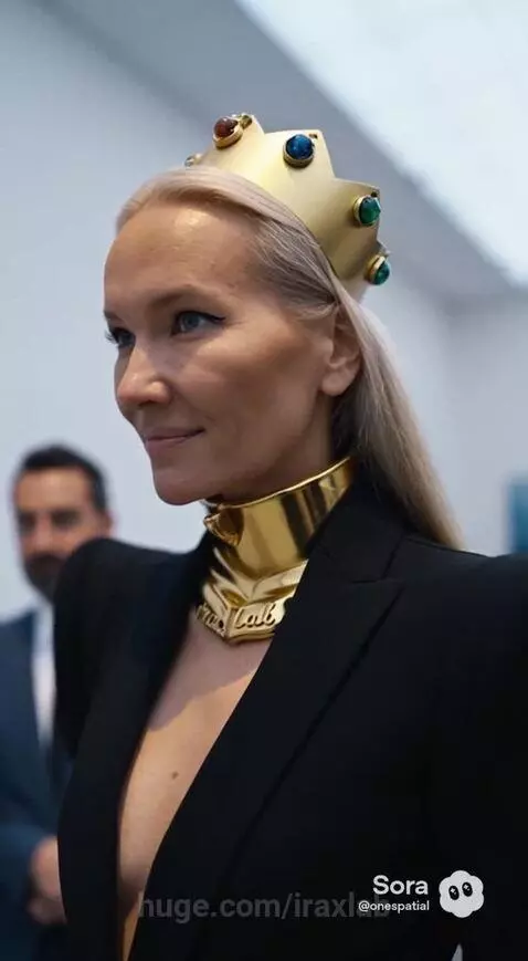 Woman in black blazer and gold jewelry tries on a golden crown with colorful gems in a glass display case.