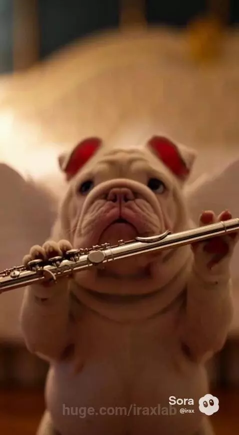A bulldog with white angel wings plays a flute in a doorway, waking a woman in a luxurious bedroom.