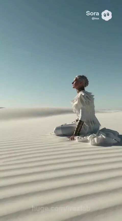 Woman in white and gold outfit looks up at a large metallic disc spaceship hovering in a white desert.