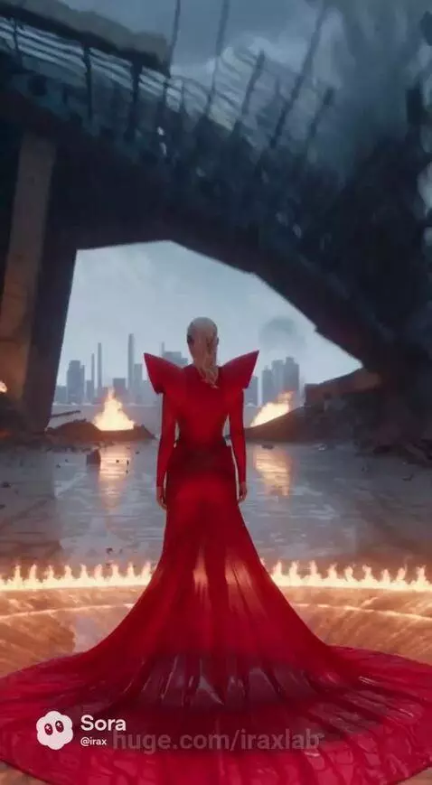 Woman in a striking red dress with structured shoulders in a desolate, ruined city with fire and rain.