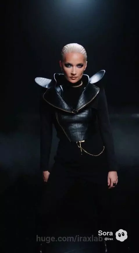 Woman with platinum blonde hair, dark makeup, and striking black fashion under a spotlight.