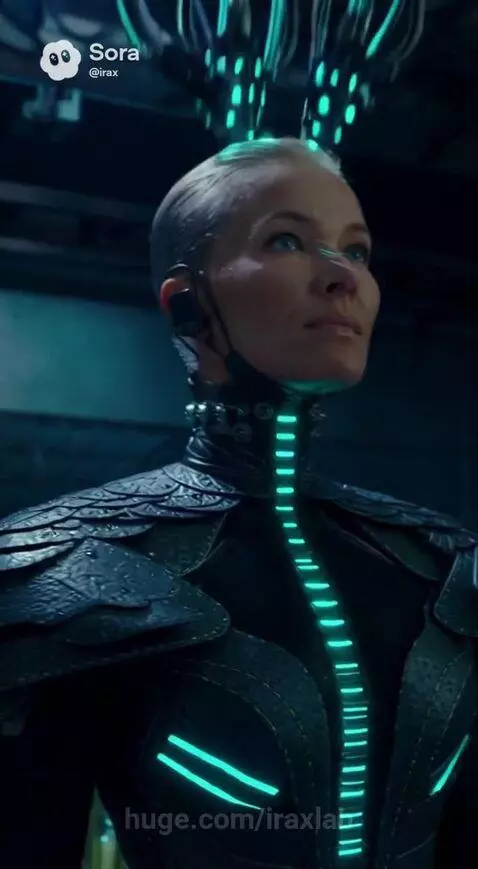 Futuristic female character with glowing blue accents connected to a large, armored mech suit in a stormy environment.