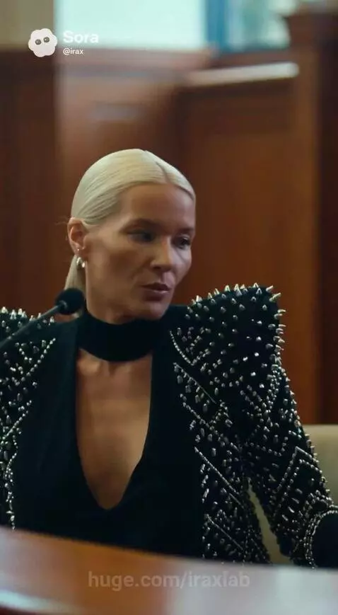 Woman in a studded jacket in a stylized courtroom, transitioning to a neon-lit dance scene.