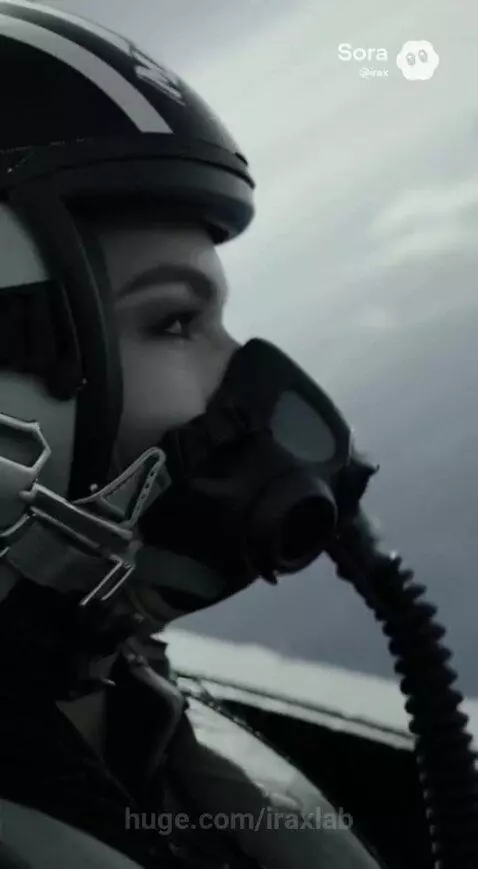 Female pilot in fighter jet cockpit wearing Maverick helmet, with fighter jets performing aerial maneuvers in grayscale.