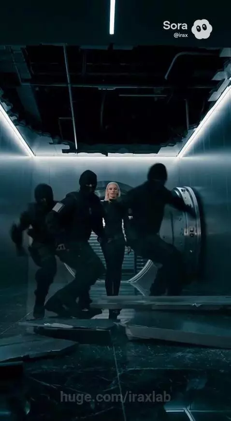 Woman in black outfit fighting masked figures in a futuristic, metallic vault with bright lighting.
