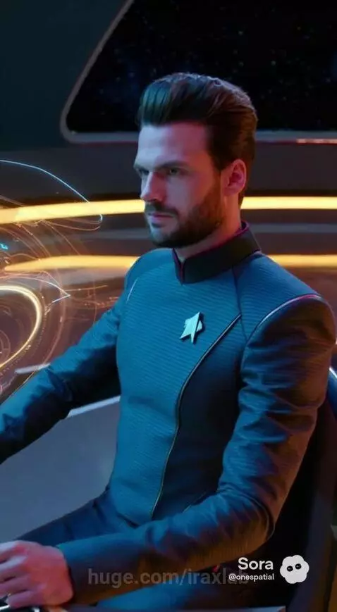 Starship bridge crew in futuristic uniforms, with a sleek starship flying through space in the background.