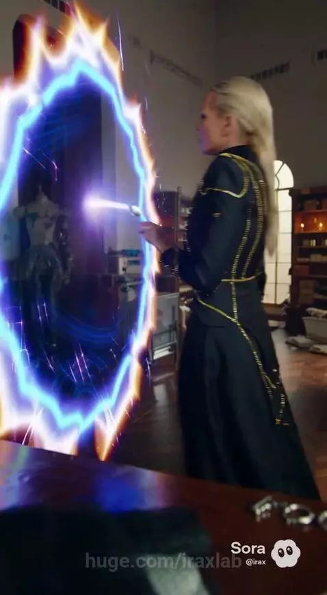 Woman in black and gold outfit enters a swirling blue and orange light portal, surrounded by clones.