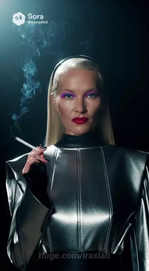 AI generated woman with blonde hair, purple eyeshadow, and metallic silver outfit, exhaling smoke.
