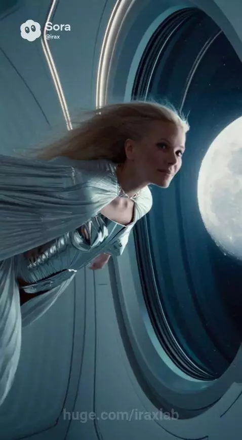 Woman in futuristic silver outfit with cape and boots stands by a rocket, with moon and city skyline in background.