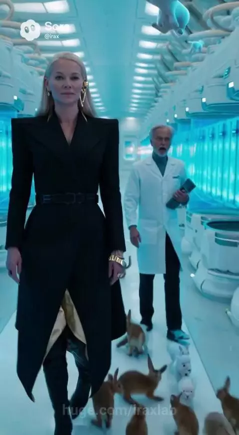 Woman pulls cloning lever, causing one rabbit to multiply into many in a futuristic blue-lit lab.