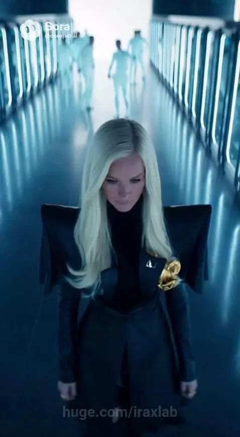 Woman in futuristic coat in a blue-lit lab with clones in glass chambers and a corridor.