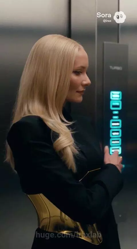Woman in gold corset and black blazer exiting a futuristic elevator with hair flying from G-force.