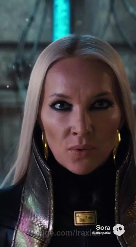 Blonde woman in futuristic outfit with dark eye makeup over a glowing blue energy sphere above a futuristic city.