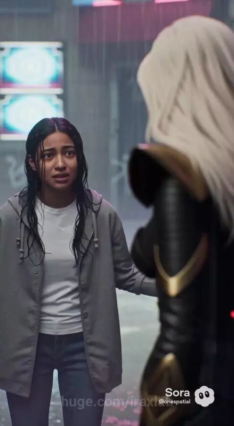 Futuristic hero in black and gold armor confronts a villain in red and black armor in a neon-lit, rain-slicked alley.