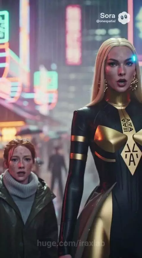 Futuristic woman in black and gold suit lands on wet street, confronting a cybernetically augmented man.
