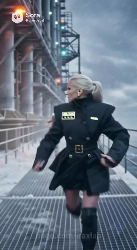 Woman in black coat and thigh-high boots running on a snowy oil rig during a storm, then falling into the ocean.