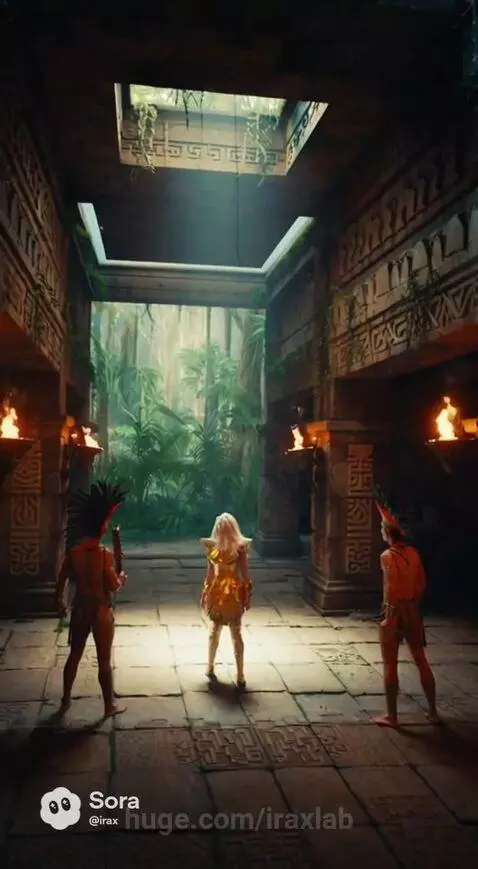 Golden armored woman deflecting a spear in an ancient temple, transitioning to a jungle.