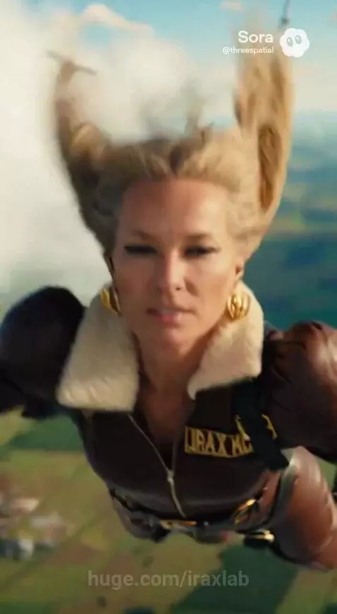 Woman in WWII flight suit freefalling from airplane, holding glowing device, determined expression.