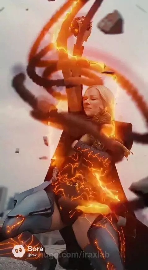 Blonde woman transforms into a dark armored warrior with glowing orange features on a city rooftop, with a horned beast.