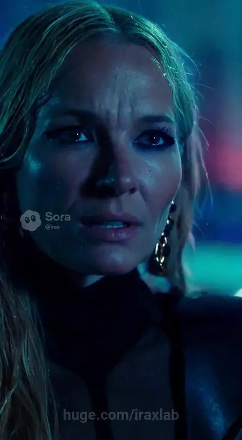 Woman in neon forest with police, a floating metallic object above her.