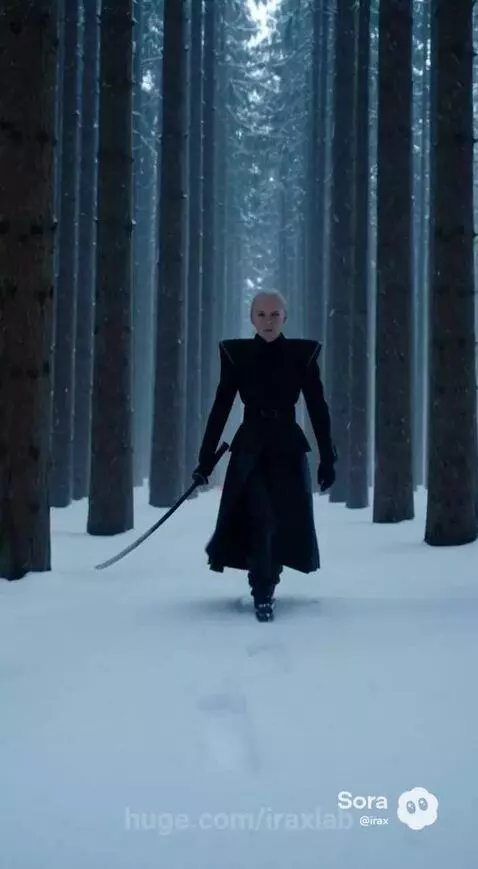 Woman in black coat and gloves in snowy forest, deflecting a red glowing drone with a glowing sword.