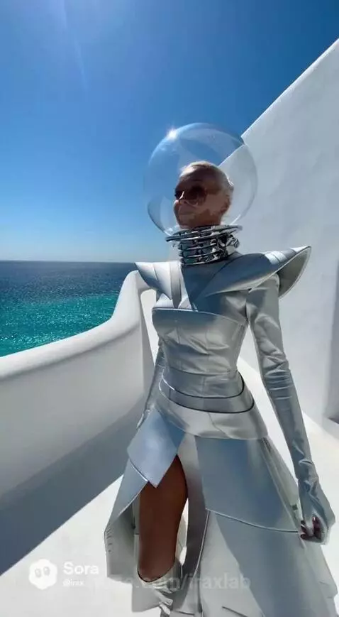 Woman in a futuristic silver suit with shoulder pads and a clear bubble helmet stands on a balcony overlooking the ocean.