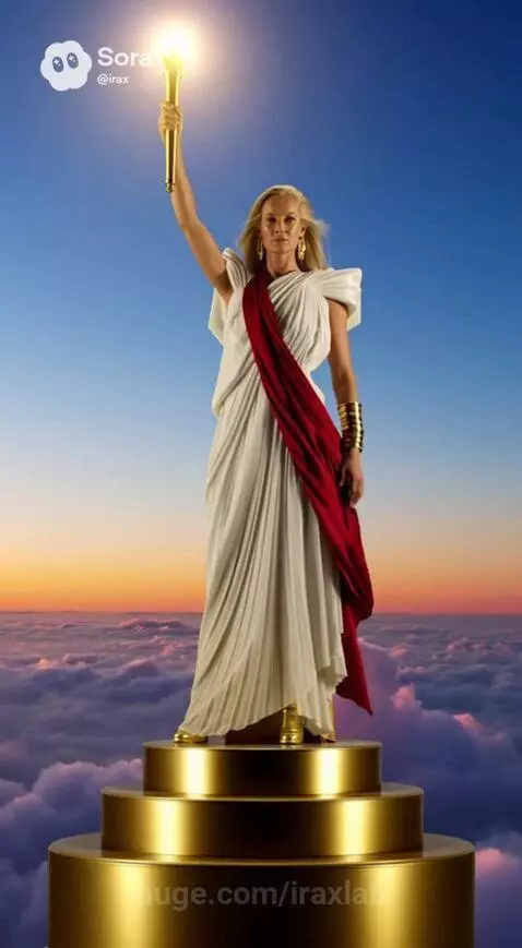 AI-generated statue of a woman in a white dress holding a glowing torch, standing on a pedestal above clouds at sunset.