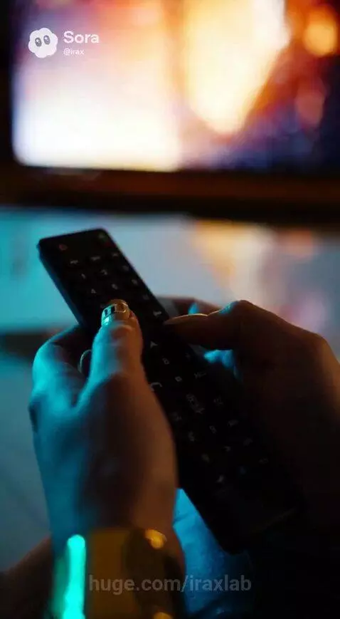 Woman surprised as a miniature boy appears on a coffee table after she uses a TV remote.