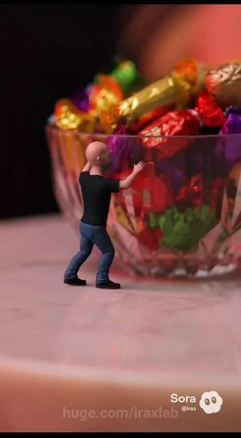 Miniature bald man in black t-shirt stealing a gold-wrapped candy from a bowl on a marble table.