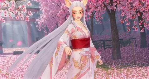 Animated fox-girl in a kimono walking through a pink cherry blossom landscape with a torii gate.