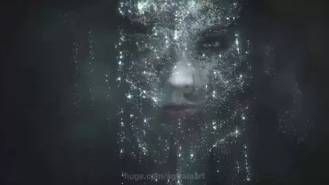 Ethereal face made of sparkling particles against a dark, smoky background.
