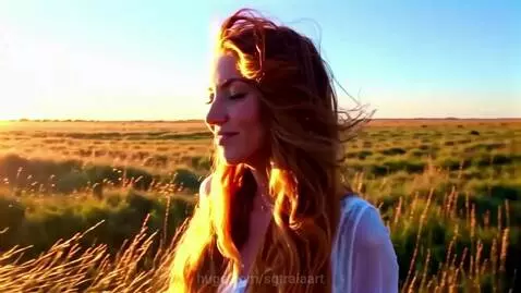 Woman with long red hair smiling peacefully in a field of tall grass during a golden sunset.