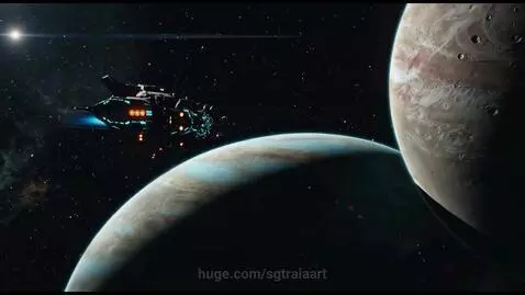 A dark spaceship with blue and orange lights flies through deep space, with two large planets and a bright star.