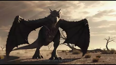 A large dragon with spikes and glowing orange eyes in a desert landscape, preparing to breathe fire.