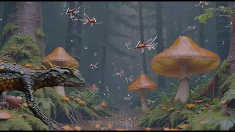 Fantasy forest scene with large orange-capped mushrooms, a green lizard creature, and small flying insect drones.