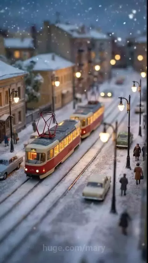 Miniature snowy city street at dusk with a moving tram, glowing windows, and tiny pedestrians.