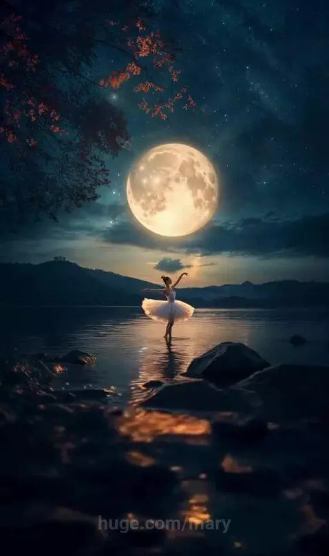 Ballerina dancing in a lake at night with a large full moon reflecting in the water.