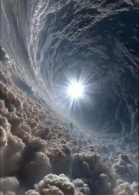 Ethereal white clouds forming a tunnel with brilliant light at the center, against a blue sky.